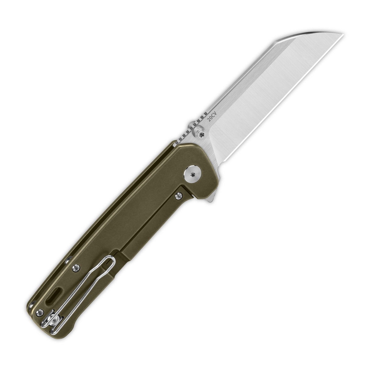 QSP Penguin Plus pocket knife with olive green titanium handle and 20CV sheepsfoot blade.