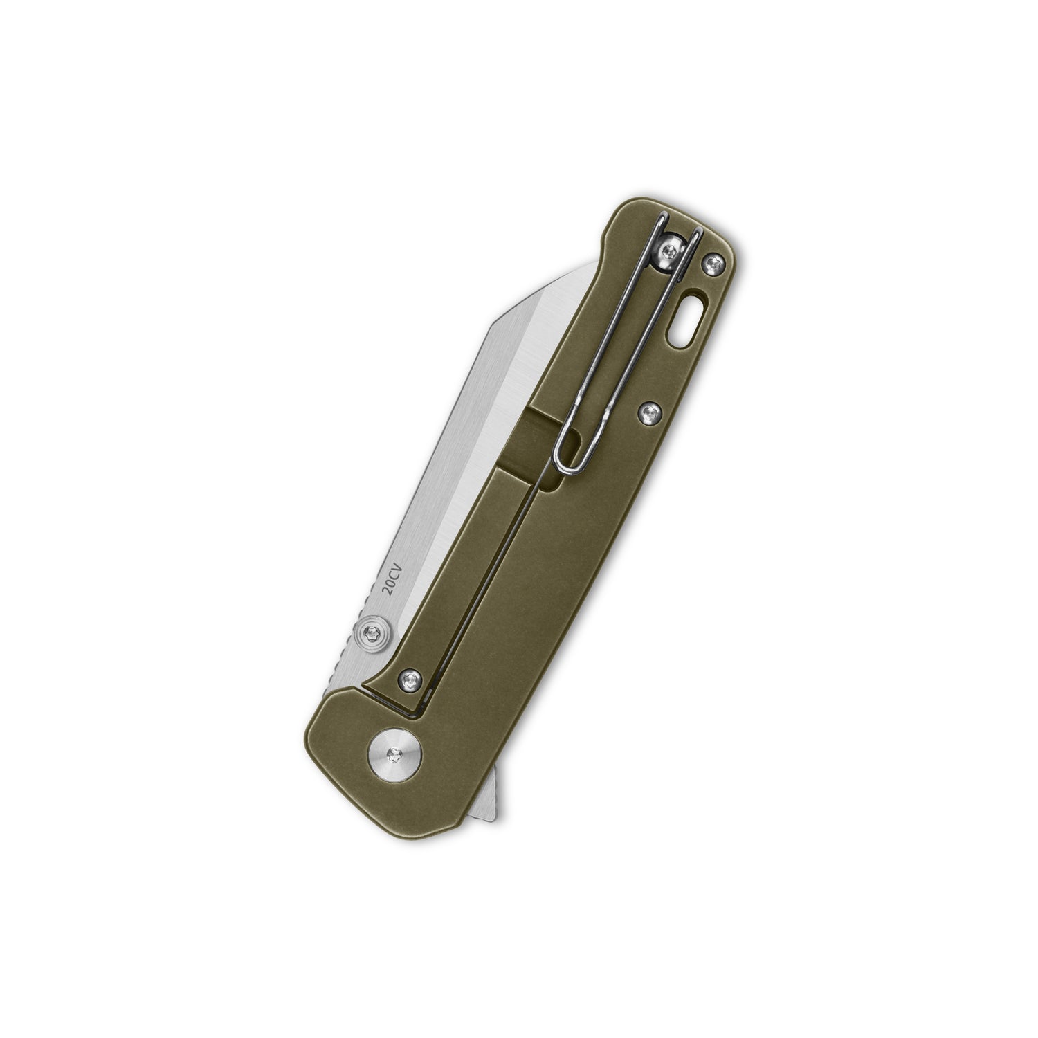 Closed QSP Penguin Plus pocket knife with olive green titanium handle.