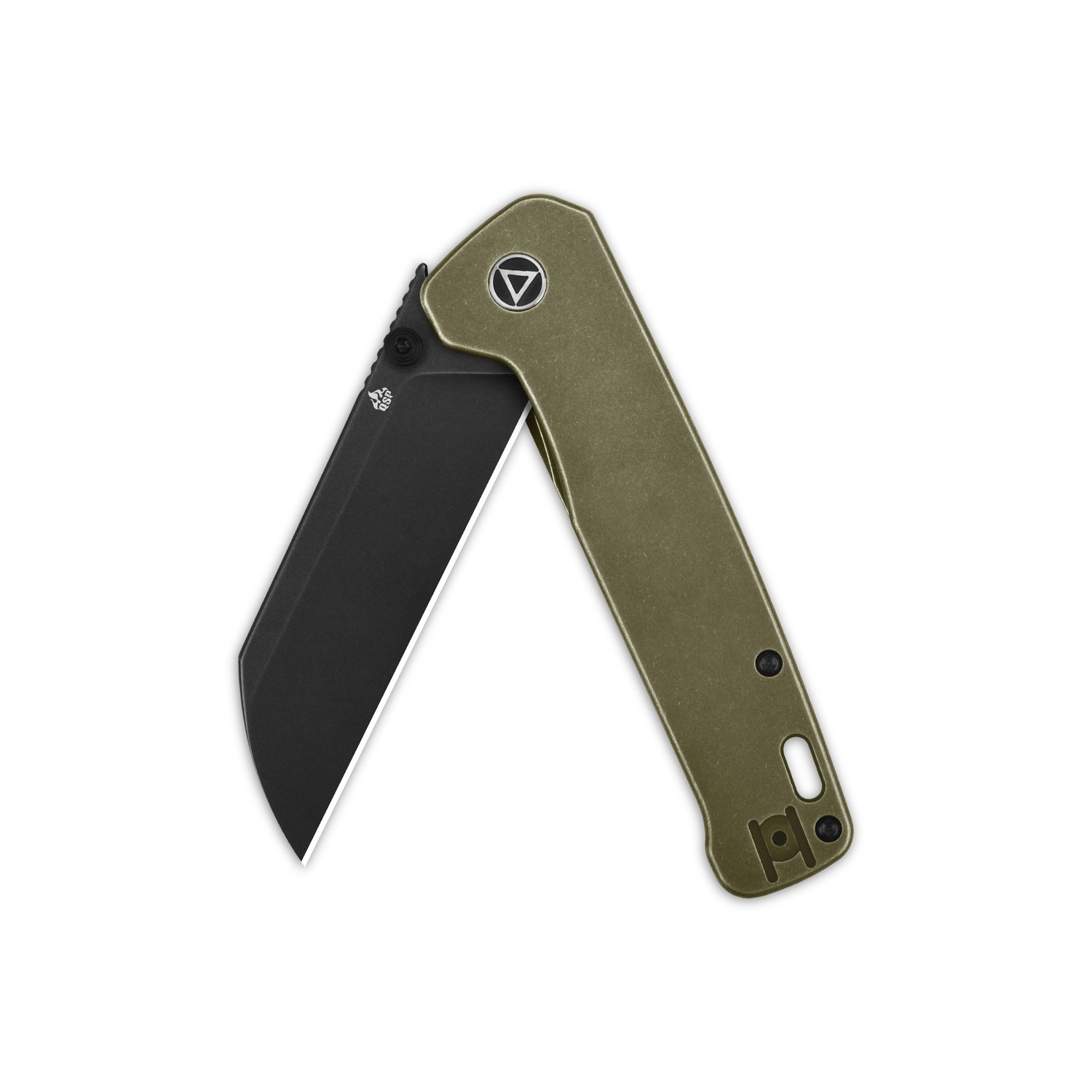 Partially open QSP Penguin Plus pocket knife with olive green handle and black blade.