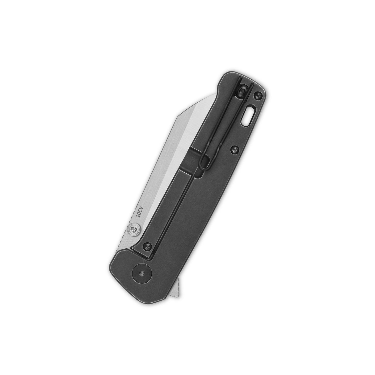 Closed QSP Penguin Plus knife with black titanium handle and deep carry clip