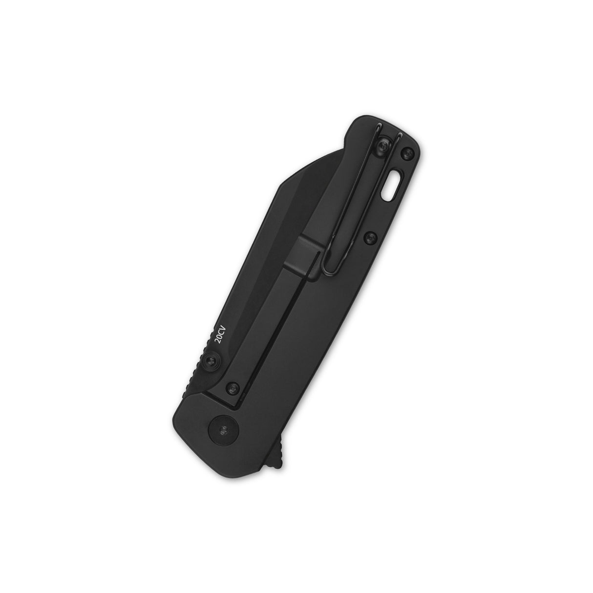 Closed QSP Penguin Plus pocket knife with a black titanium handle and deep carry clip.