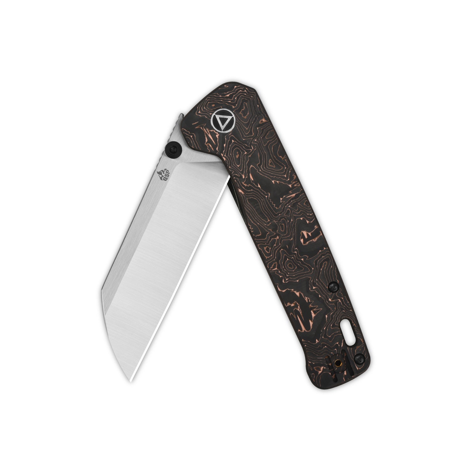QSP Penguin Plus pocket knife showcasing copper foil carbon fiber handle and 20CV blade