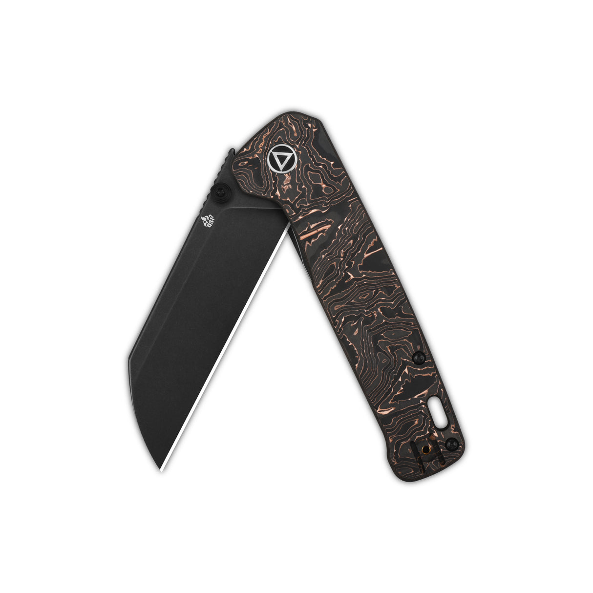 QSP Penguin Plus pocket knife with dark copper foil handle and black 20CV blade, partially open.