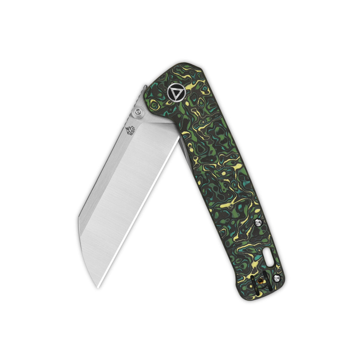 QSP Penguin Plus pocket knife with 20CV sheepsfoot blade, yellow green camo handle.