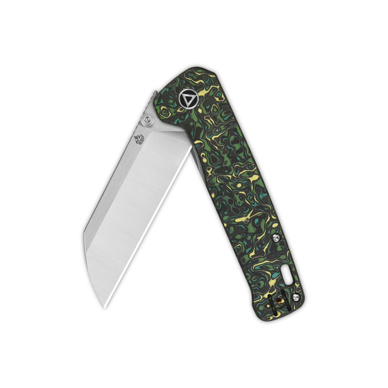 QSP Penguin Plus pocket knife with 20CV sheepsfoot blade, yellow green camo handle.
