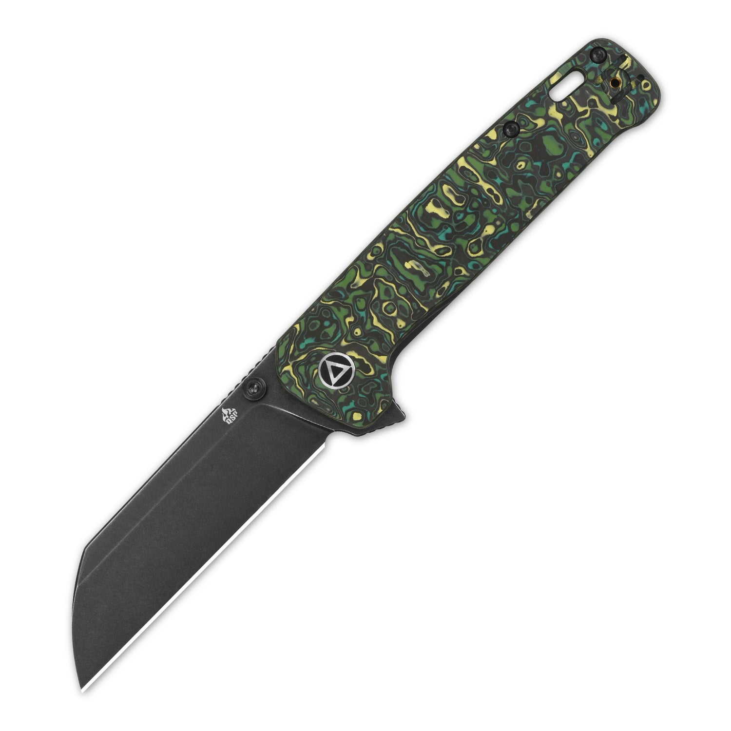 QSP Penguin Plus pocket knife with 20CV blade and vibrant camo handle.