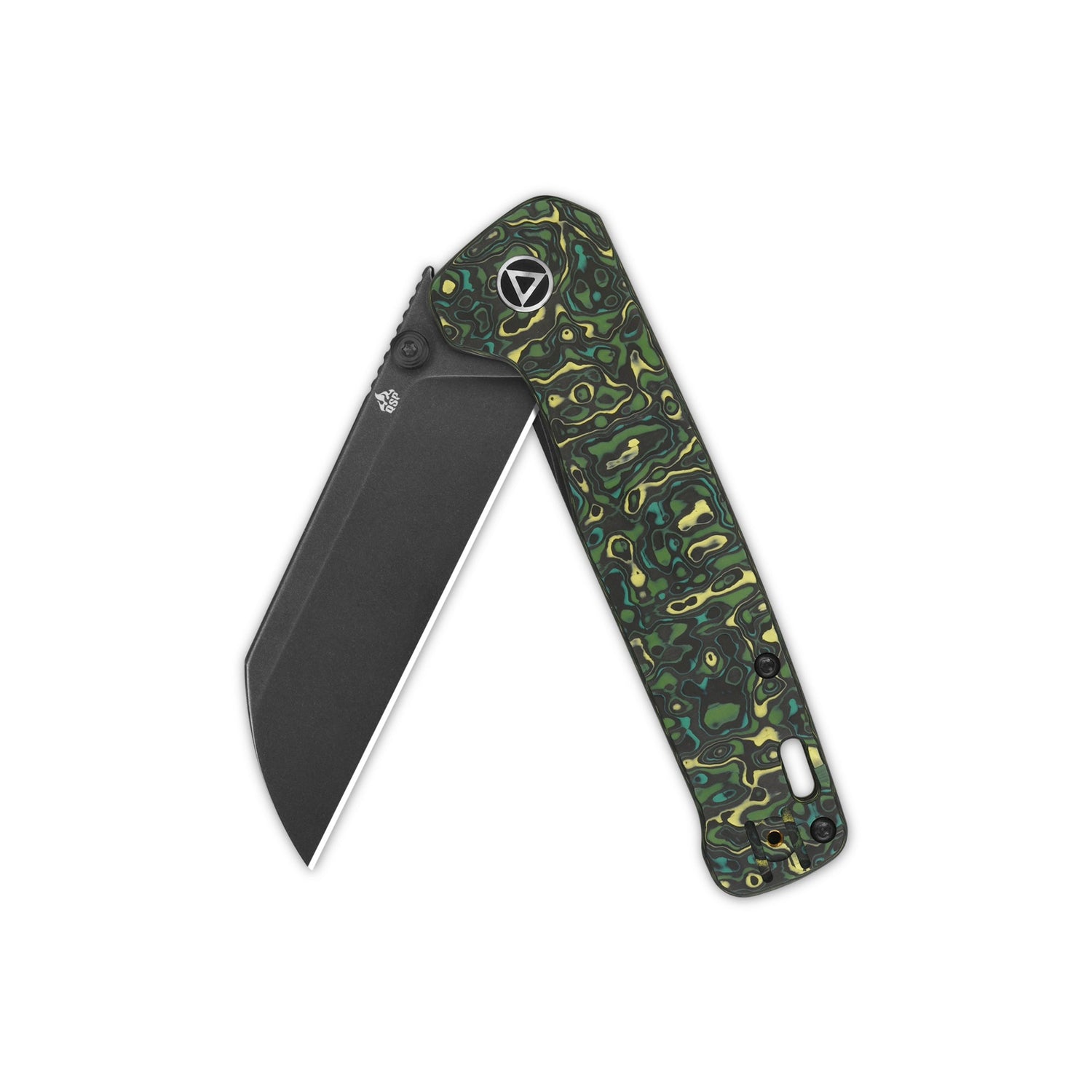 Open QSP Penguin Plus pocket knife featuring 20CV blade and yellow green camo handle.