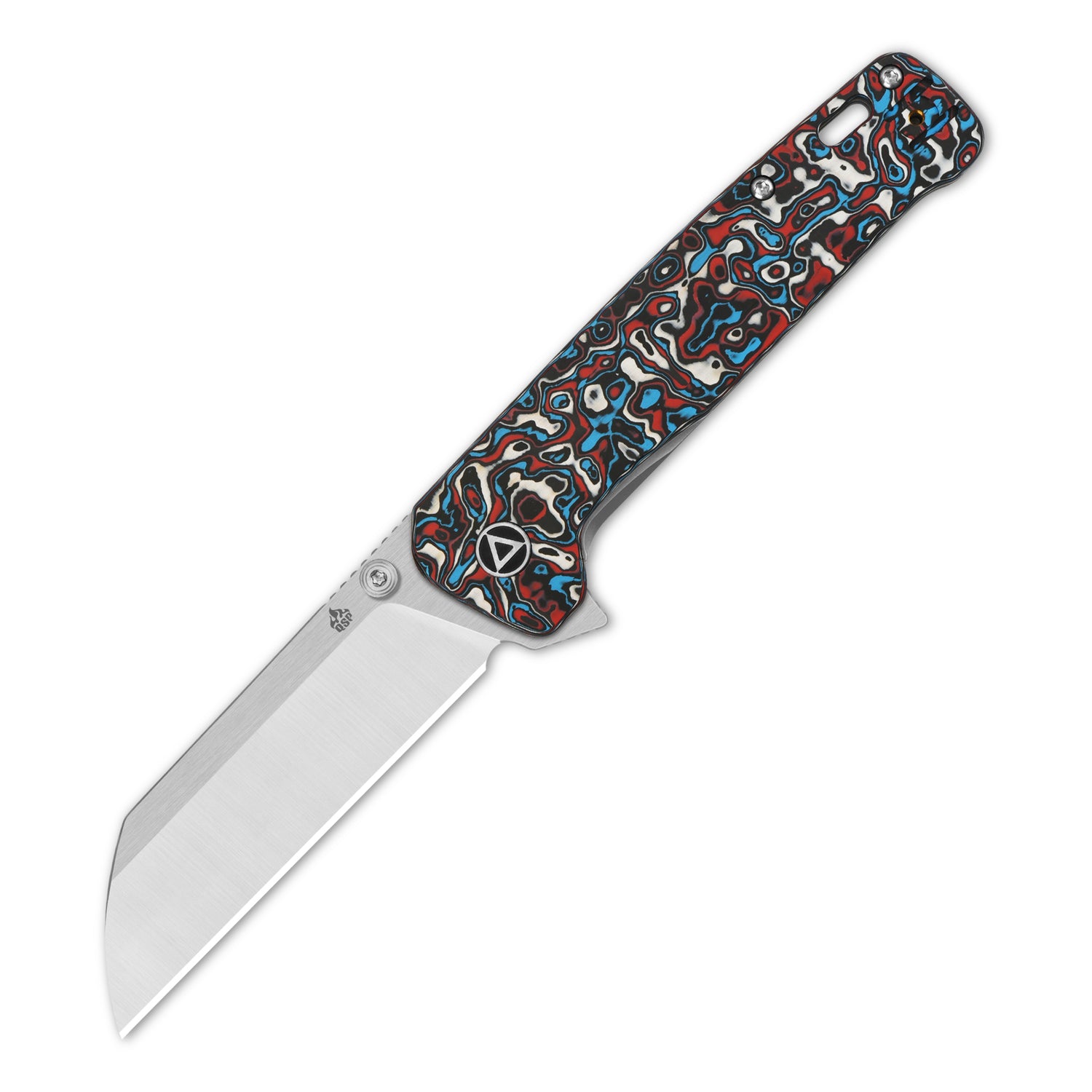 QSP Penguin Plus pocket knife with red, blue camo handle and sheepsfoot blade