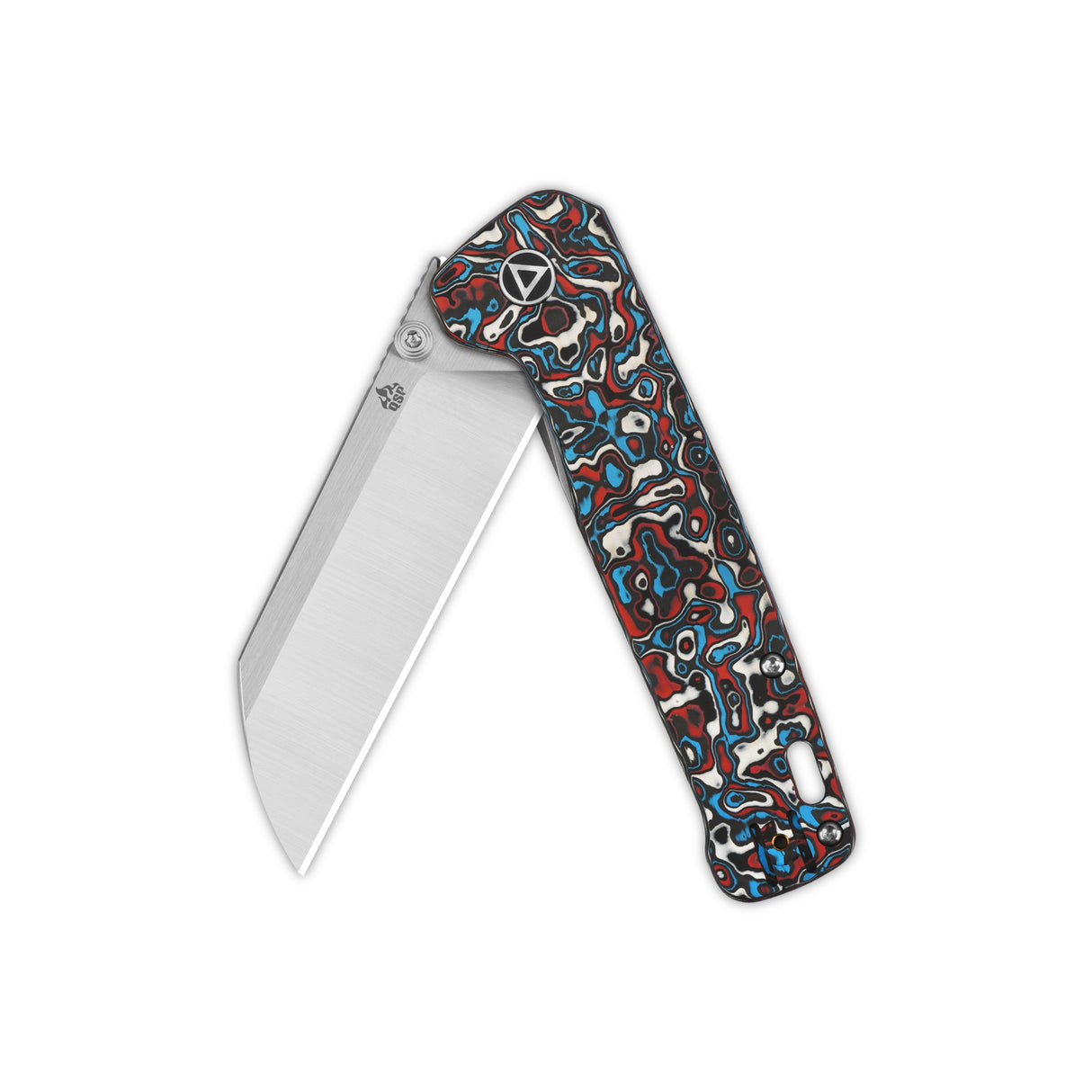 QSP Penguin Plus pocket knife with camo carbon fiber handle and sheepsfoot blade