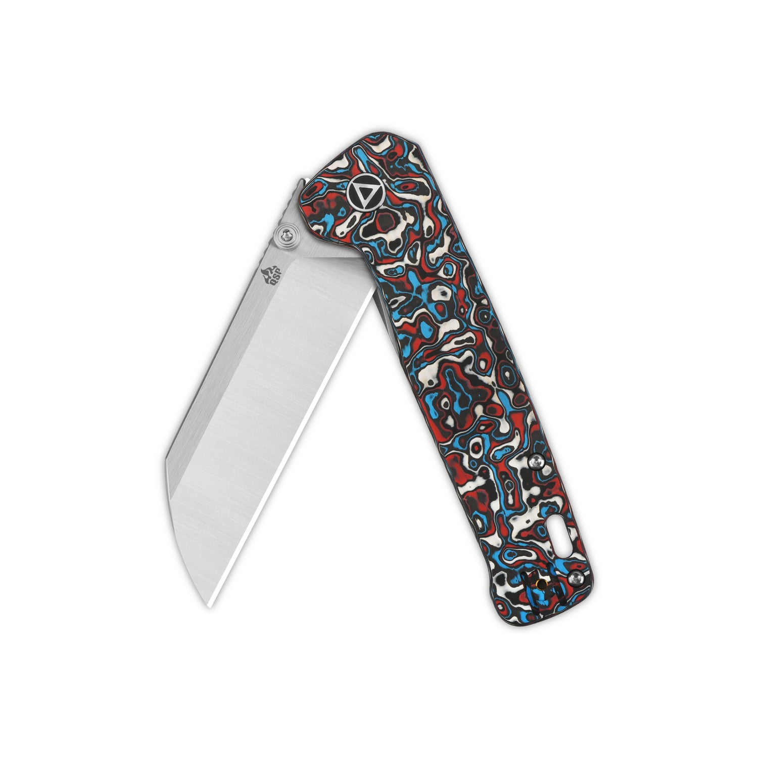 QSP Penguin Plus pocket knife with camo carbon fiber handle and sheepsfoot blade