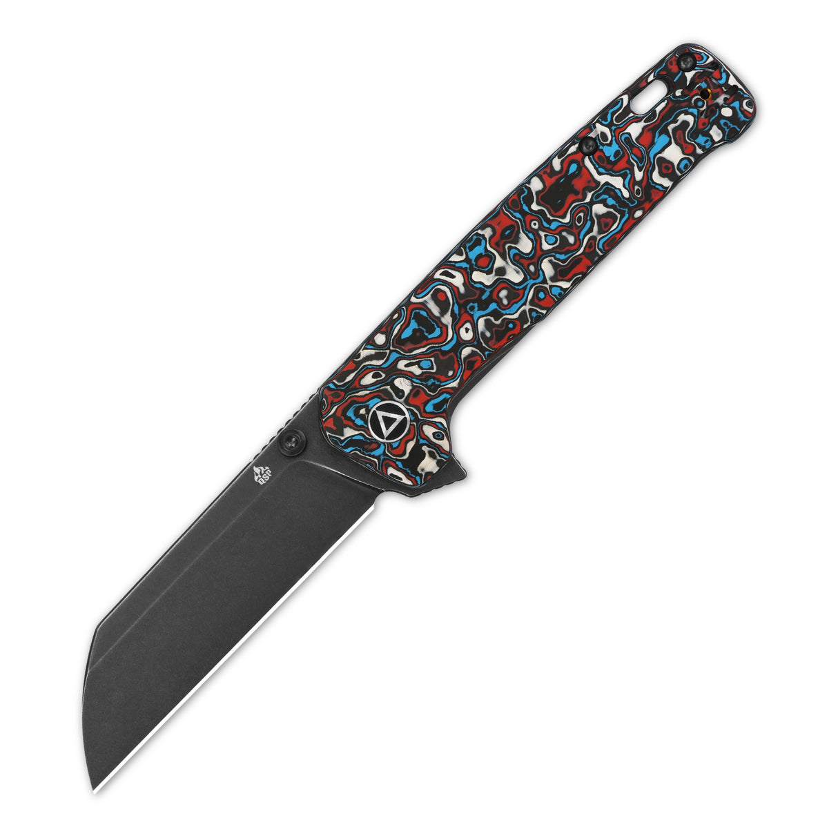 QSP Penguin Plus pocket knife featuring red and blue camo handle and sheepsfoot blade