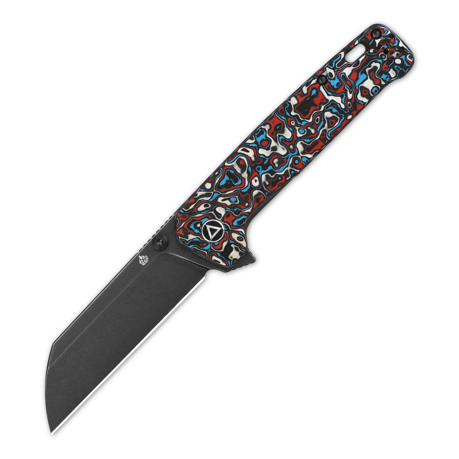 QSP Penguin Plus pocket knife featuring red and blue camo handle and sheepsfoot blade