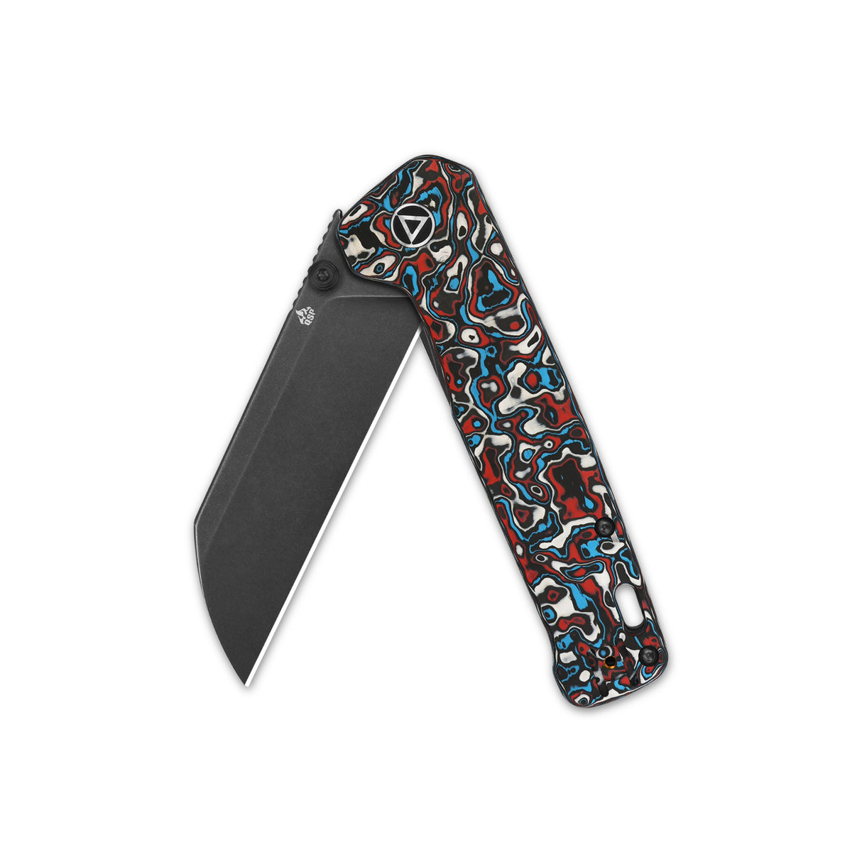 QSP Penguin Plus pocket knife with red blue camo handle and black sheepsfoot blade