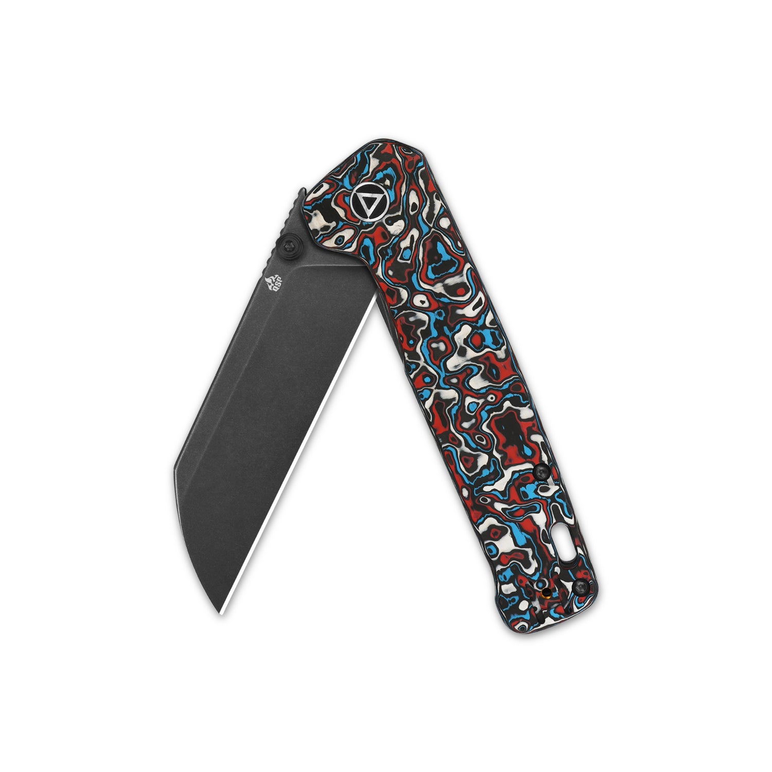 QSP Penguin Plus pocket knife with red blue camo handle and black sheepsfoot blade
