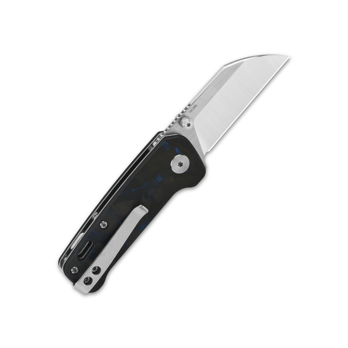 QSP Penguin Mini pocket knife with shiny blade and blue-black G10 handle.