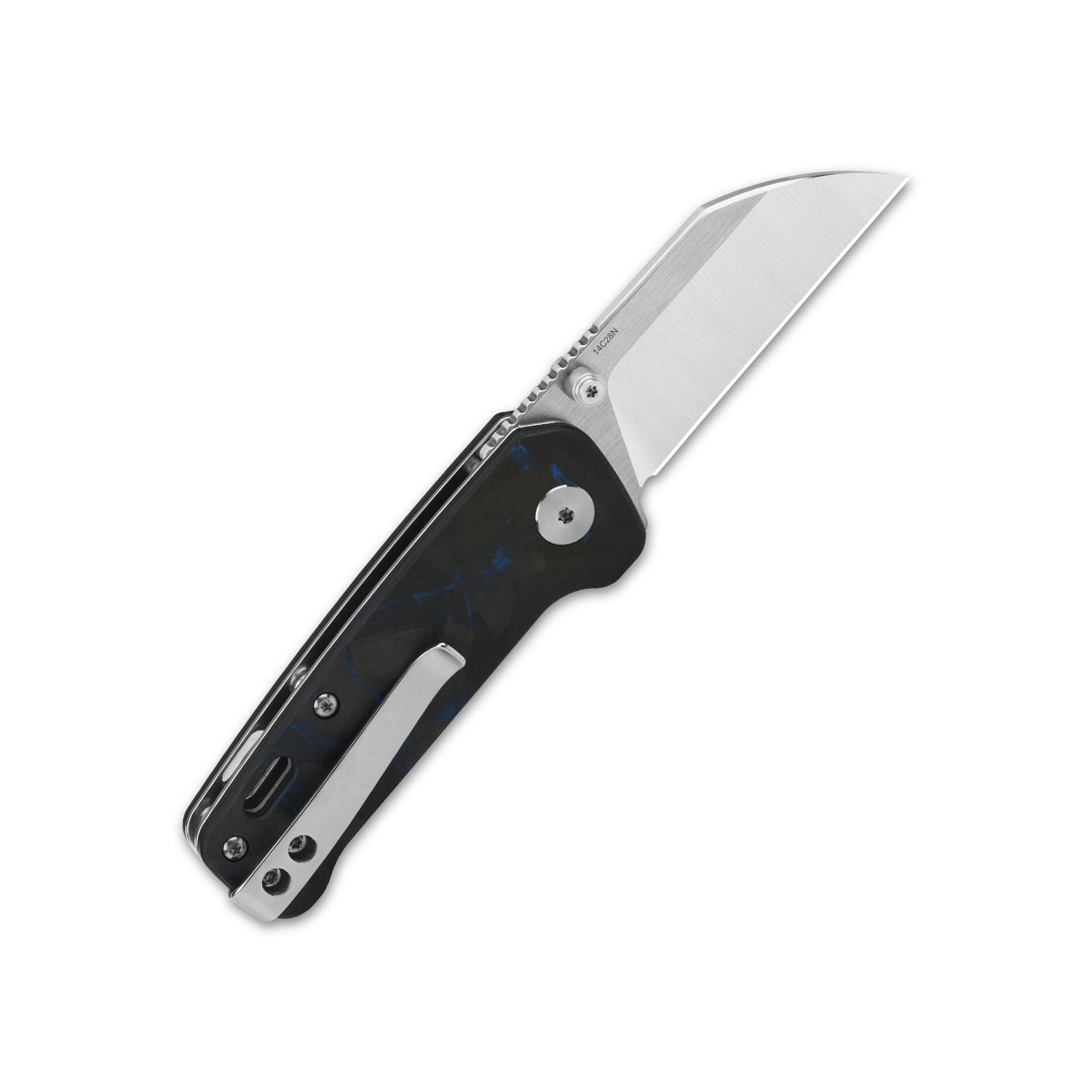 QSP Penguin Mini pocket knife with shiny blade and blue-black G10 handle.