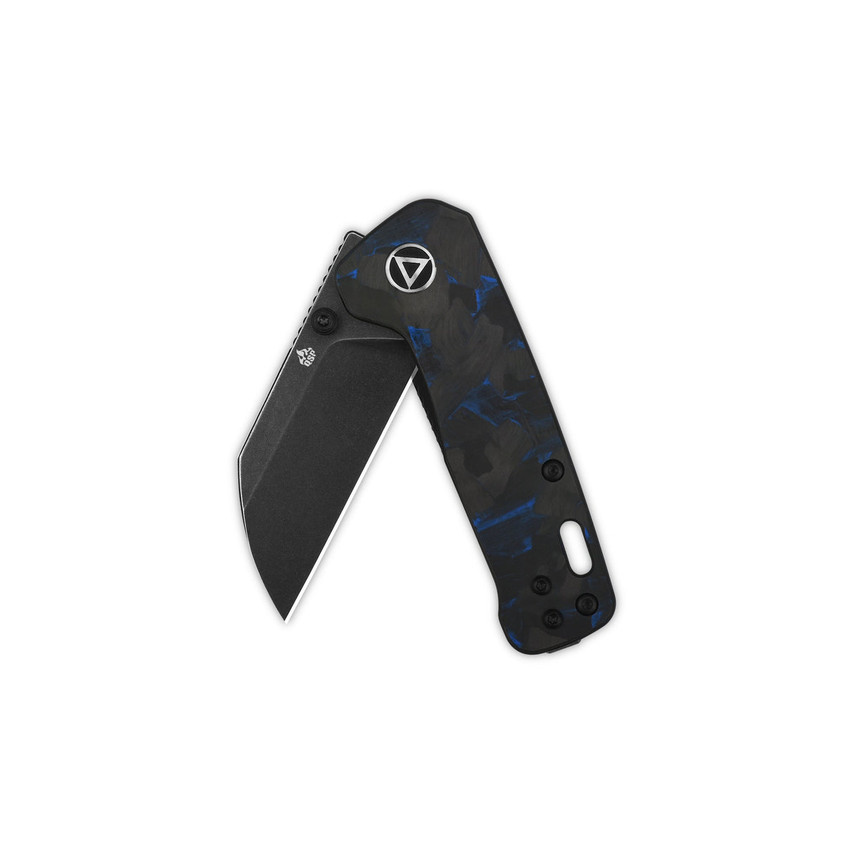 QSP Penguin Mini pocket knife with black and blue camo G10 handle and sheepsfoot blade