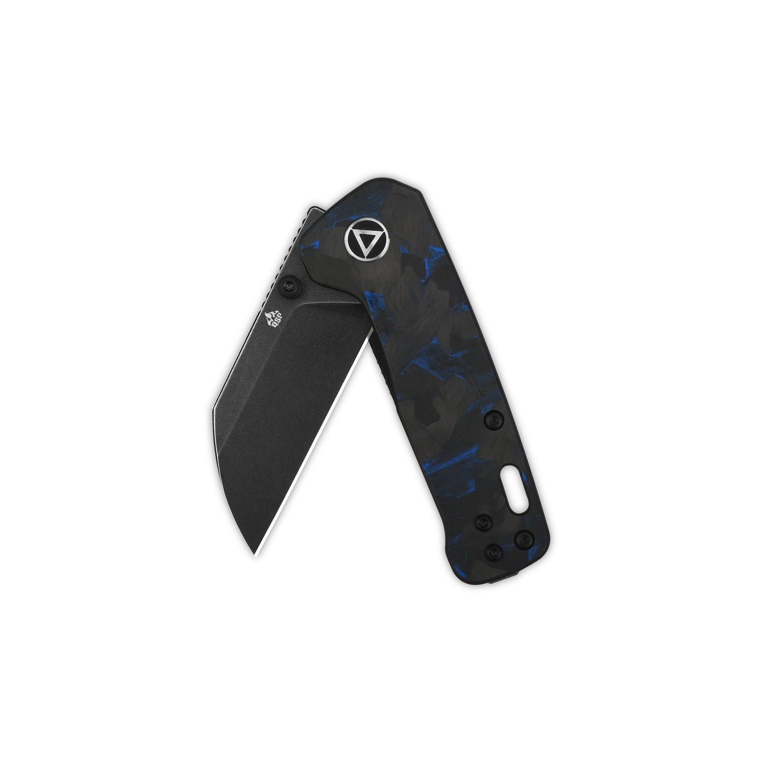 QSP Penguin Mini pocket knife with black and blue camo G10 handle and sheepsfoot blade