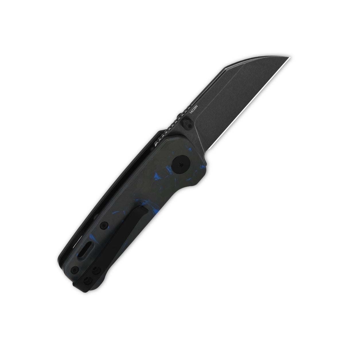 QSP Penguin Mini pocket knife with black blade and camo blue-black G10 handle