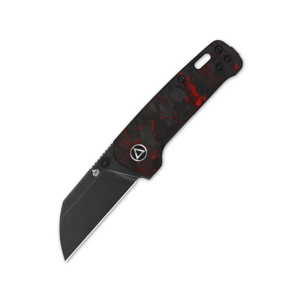 QSP Penguin Mini pocket knife with black blade and red-black G10 handle design.