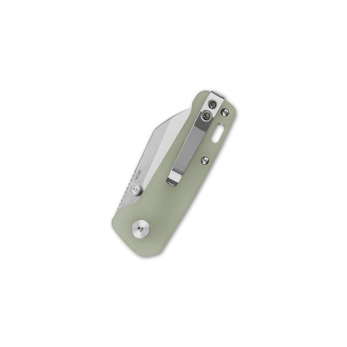 Compact QSP Penguin Mini pocket knife with jade G10 handle and 14C28N blade.