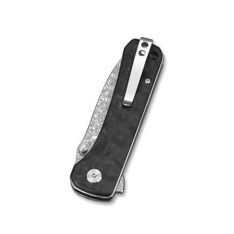 QSP Hawk Liner Lock Pocket Knife Laminated Damascus/S35VN Blade with Marbled Carbon Fiber Handles