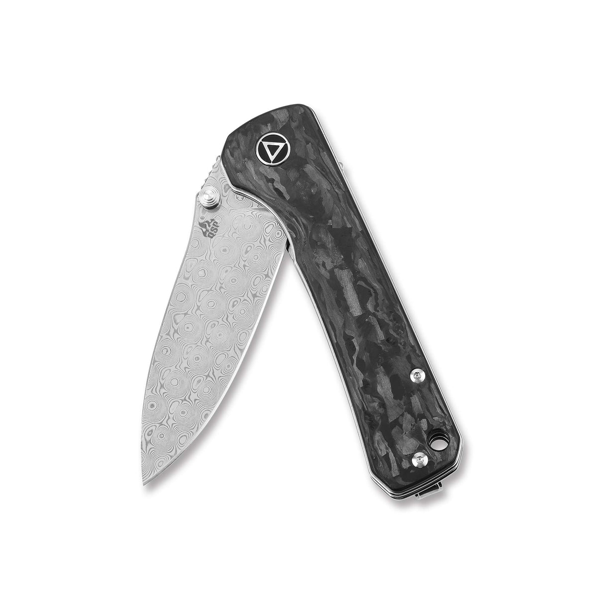 QSP Hawk pocket knife with laminated Damascus blade and carbon fiber handle, open view