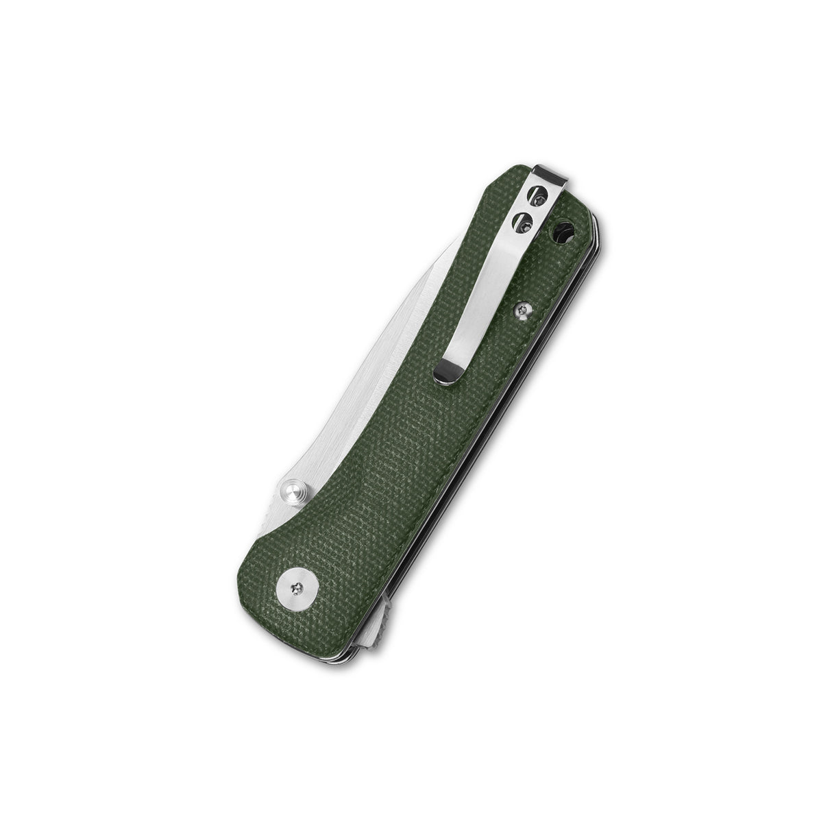 QSP Hawk knife with textured green micarta handle and silver deep carry clip.