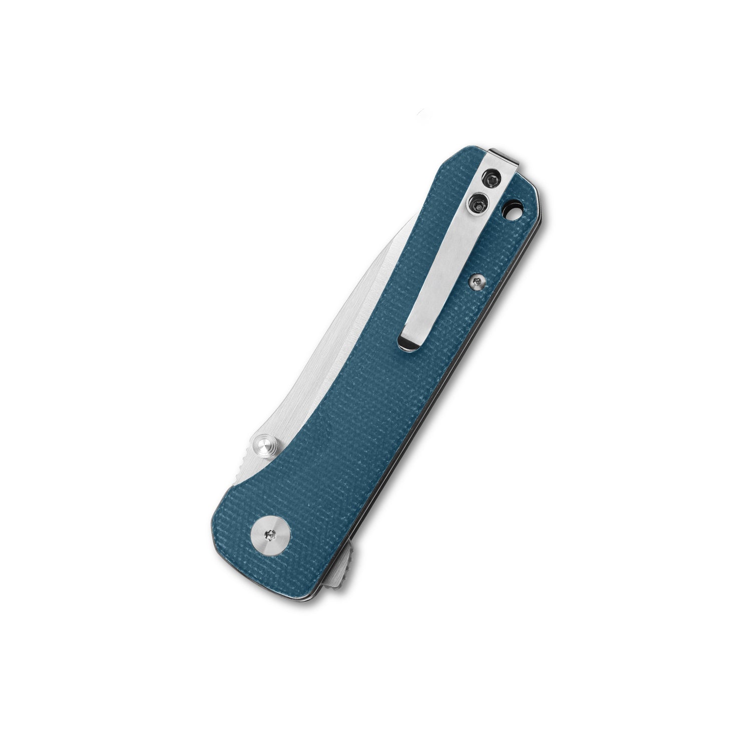 QSP Hawk pocket knife with textured blue micarta handle and silver deep carry clip