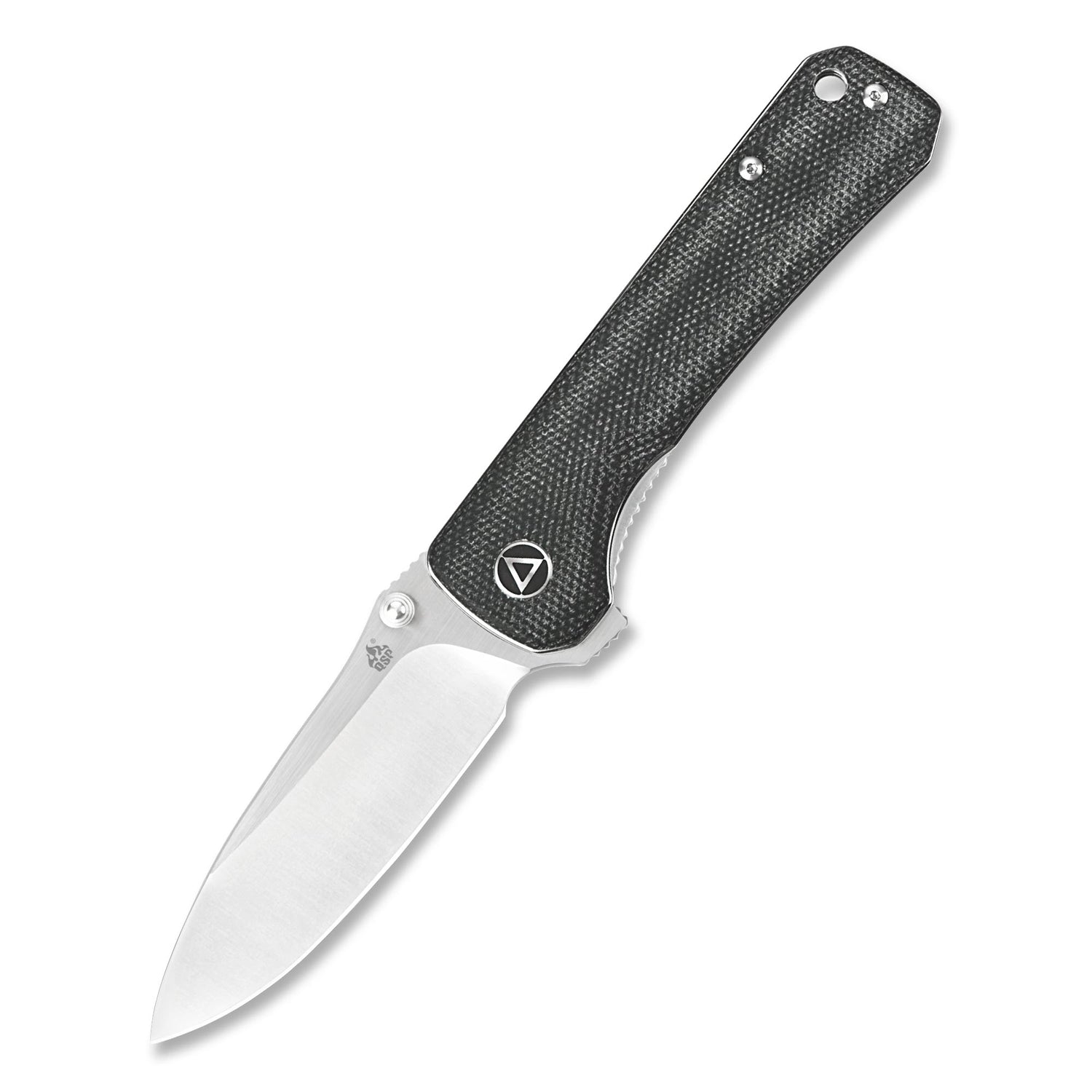 QSP Hawk pocket knife with drop point 14C28N blade and textured black micarta handle