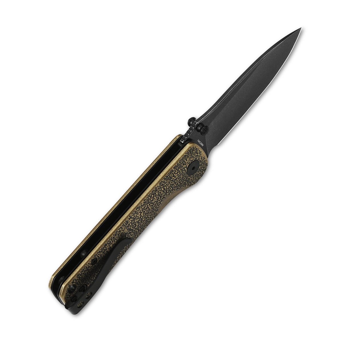 QSP Hawk pocket knife featuring a black drop point blade and textured brass handle.