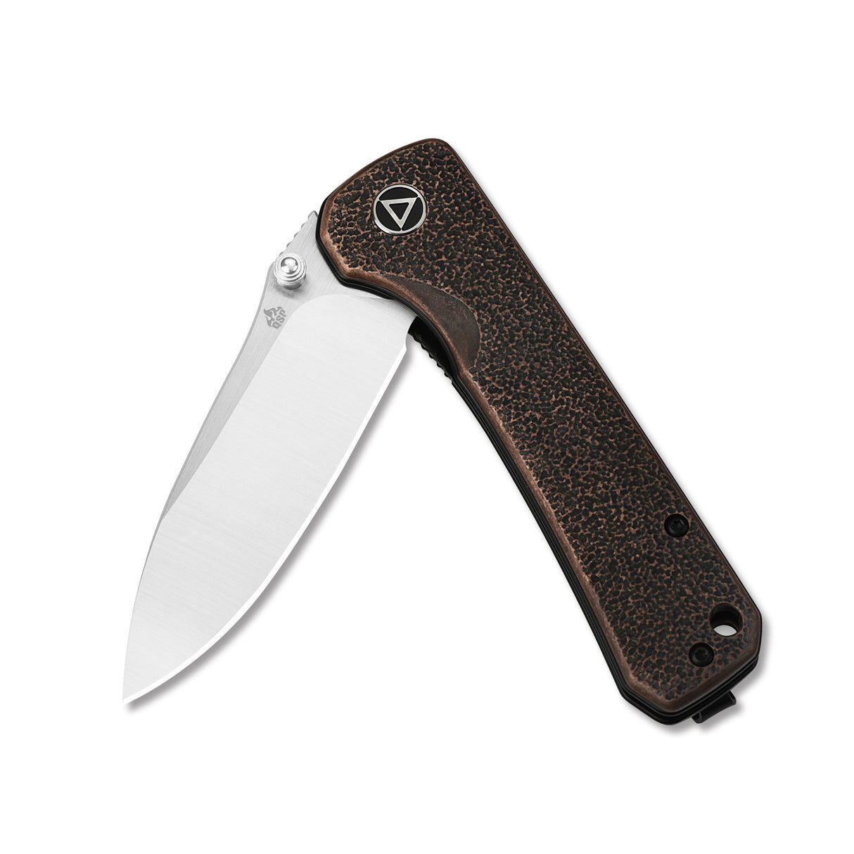 Open QSP Hawk pocket knife with textured copper handle and 14C28N blade.