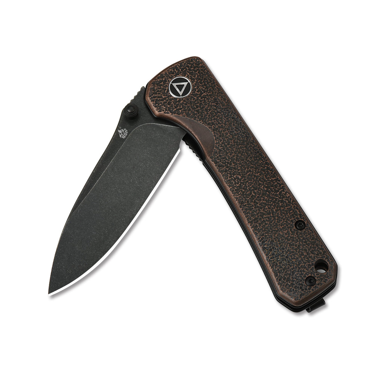 QSP Hawk pocket knife with drop point blade and textured copper handle, open view.