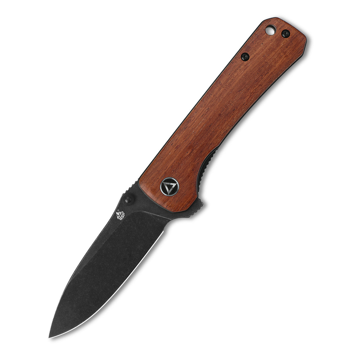 QSP Hawk pocket knife with drop point blade and Mkuruti wood gripping handle.