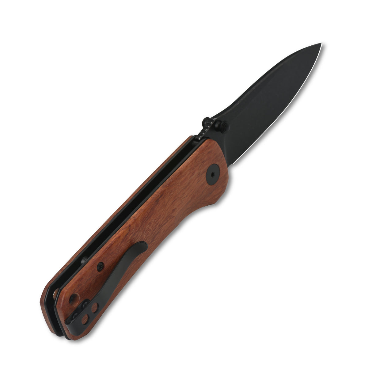 QSP Hawk pocket knife closed with Mkuruti wood handle and black 14C28N blade.