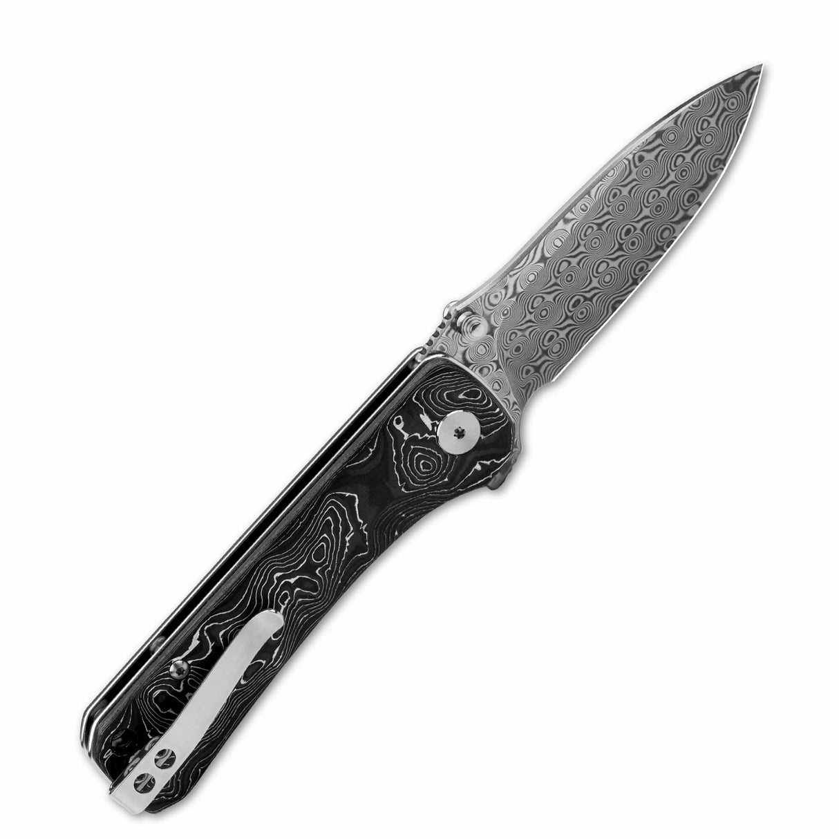 QSP Hawk pocket knife featuring laminated Damascus blade and aluminum foil carbon fiber handle
