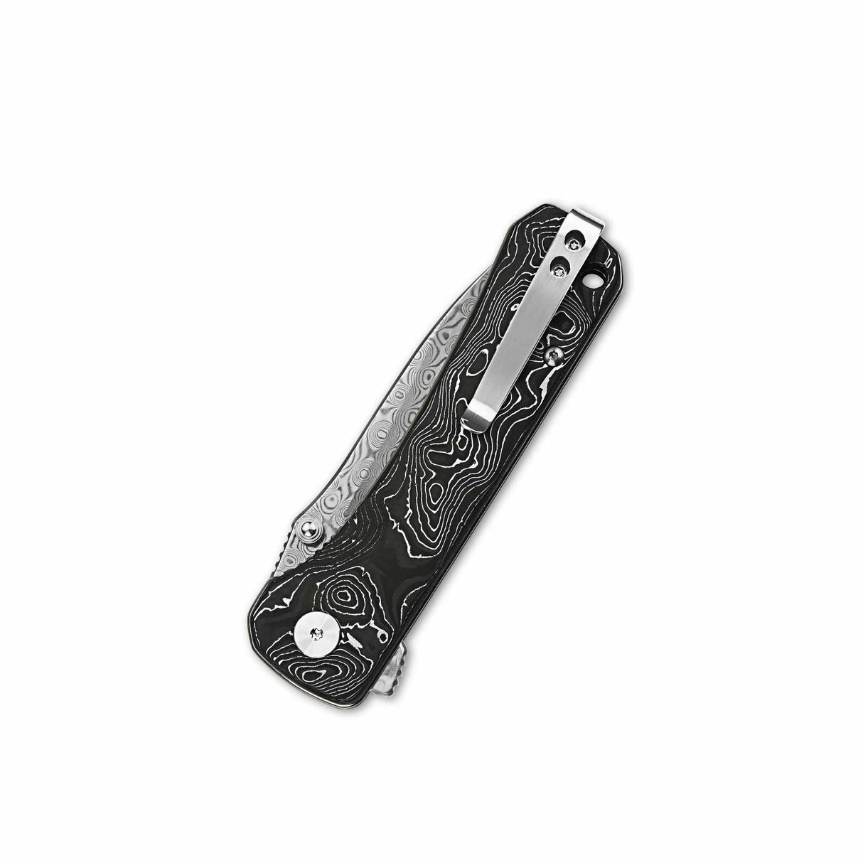 QSP Hawk pocket knife with black carbon fiber handle and Damascus blade detail