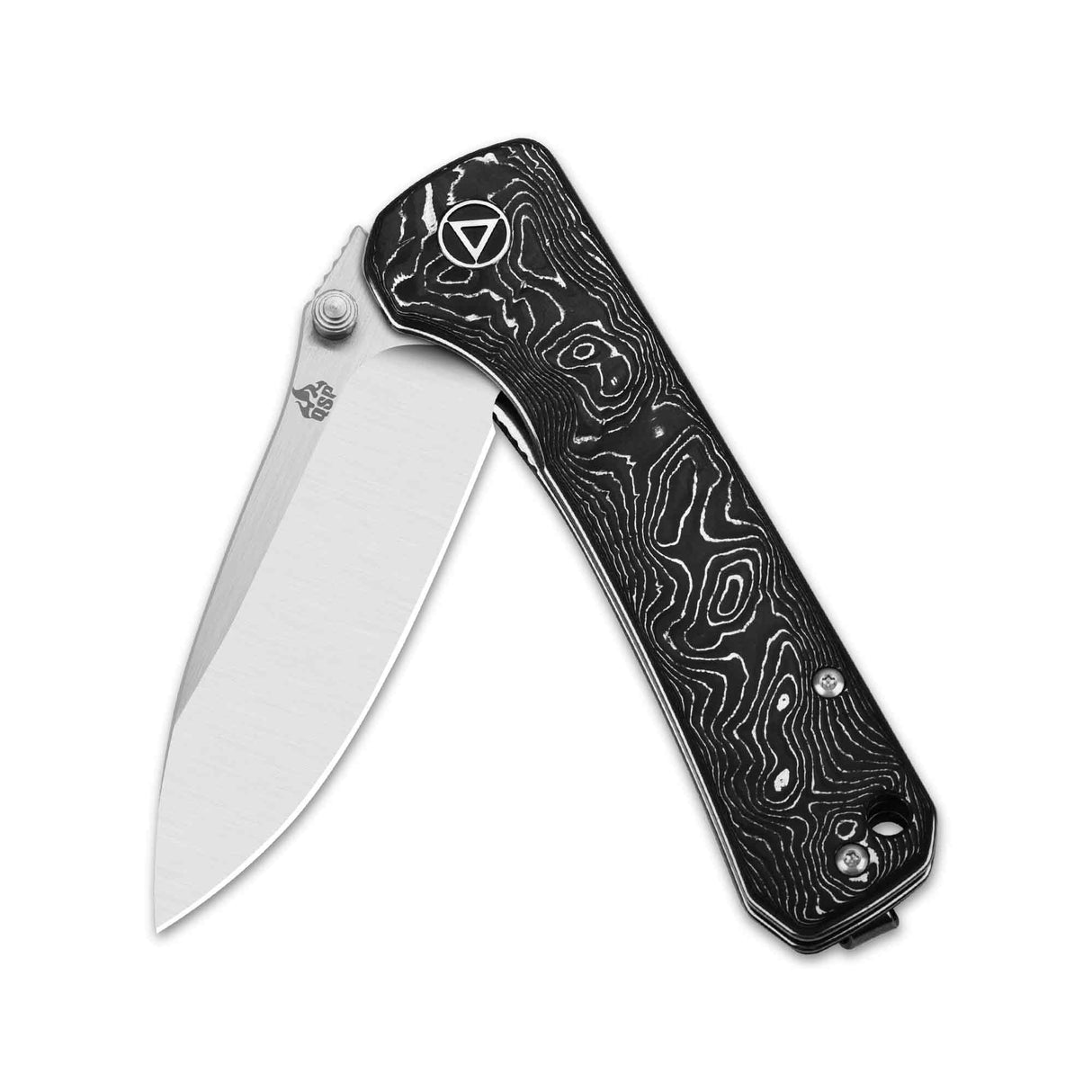 QSP Hawk pocket knife with laminated Damascus blade and textured black carbon fiber handle