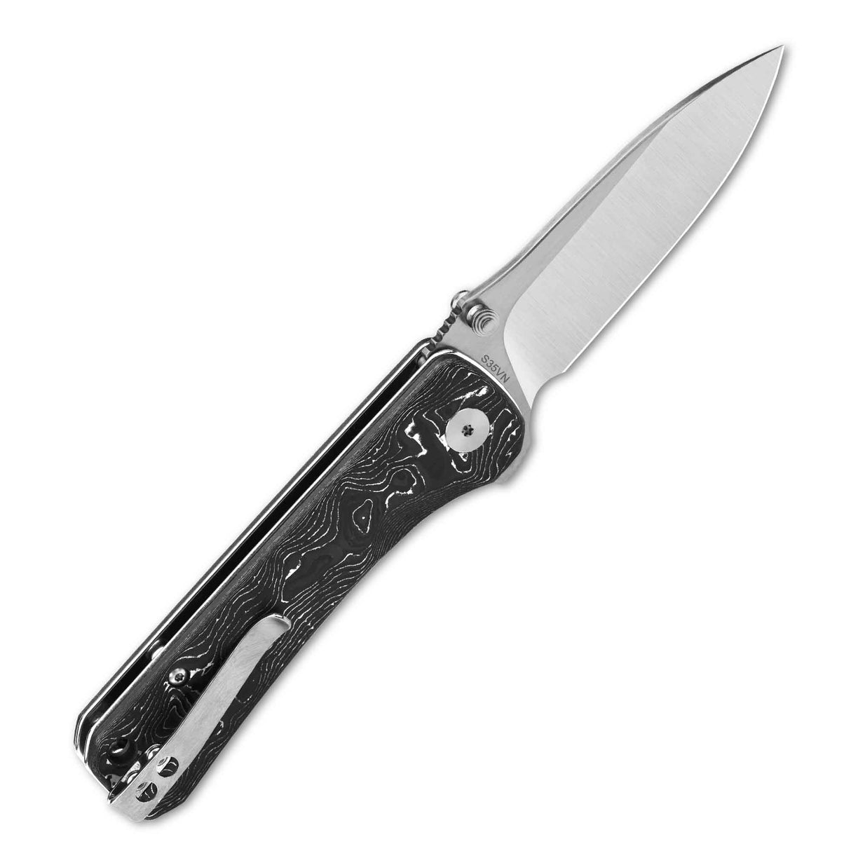QSP Hawk pocket knife with laminated Damascus blade and black carbon fiber handle