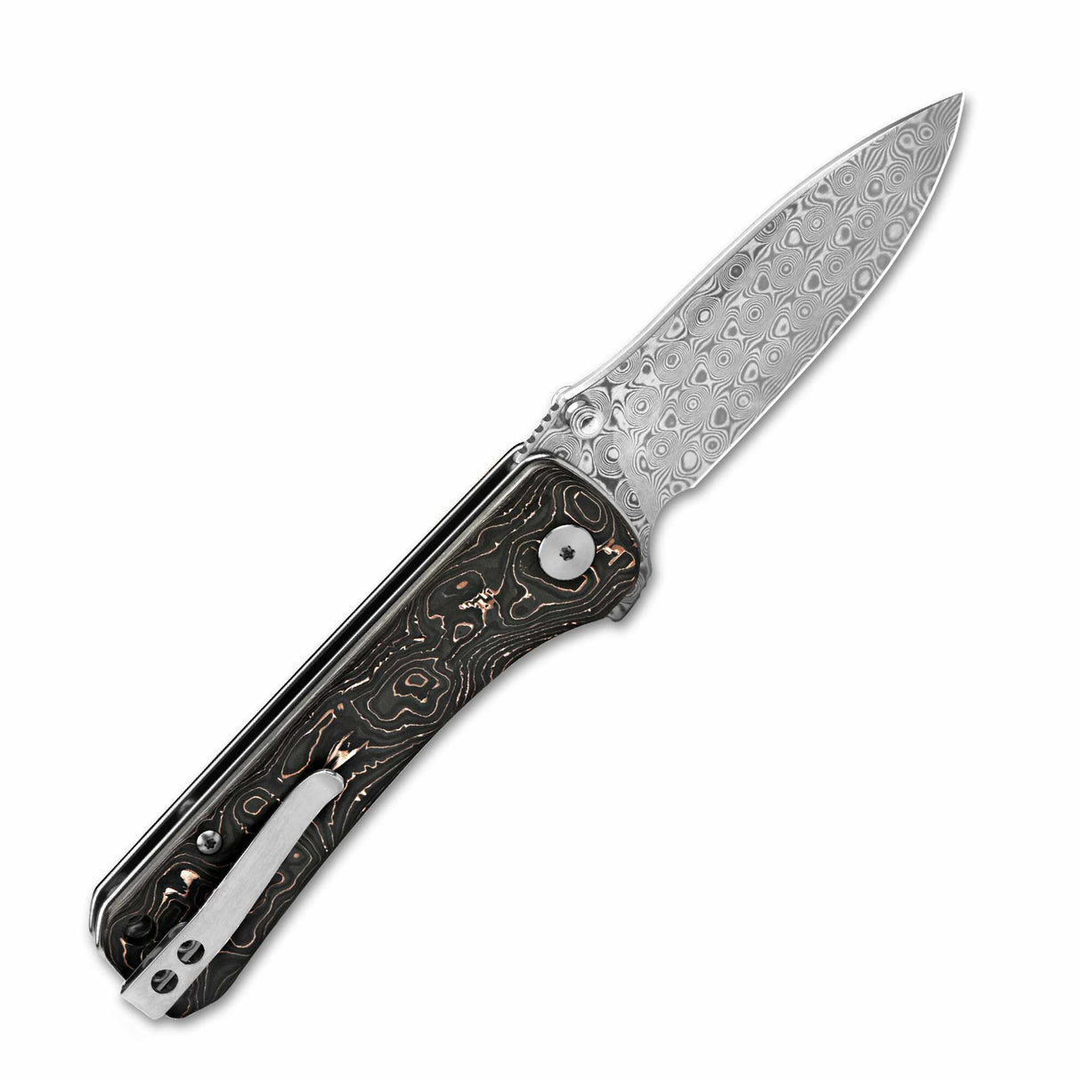 QSP Hawk pocket knife featuring laminated Damascus blade and copper carbon fiber handle