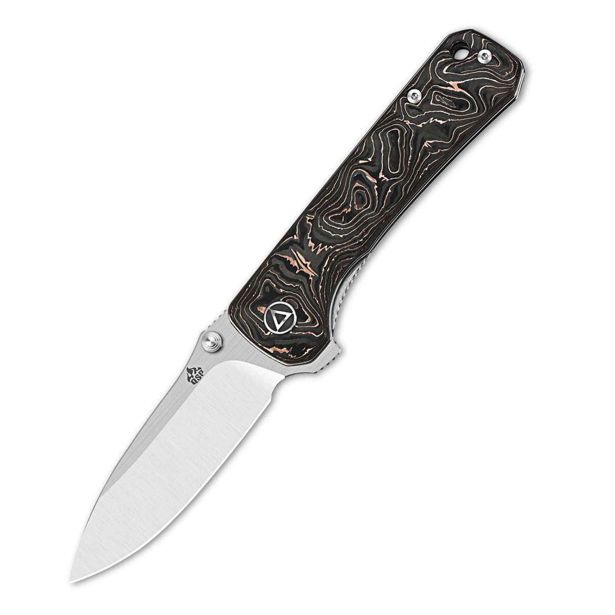 QSP Hawk pocket knife featuring laminated Damascus blade and unique carbon fiber handle.