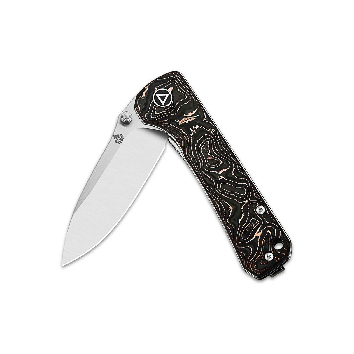 QSP Hawk pocket knife with laminated Damascus blade and distinctive carbon fiber handle