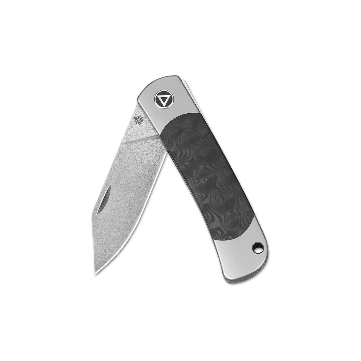 QSP Falcon pocket knife with titanium handle and laminated Damascus blade.