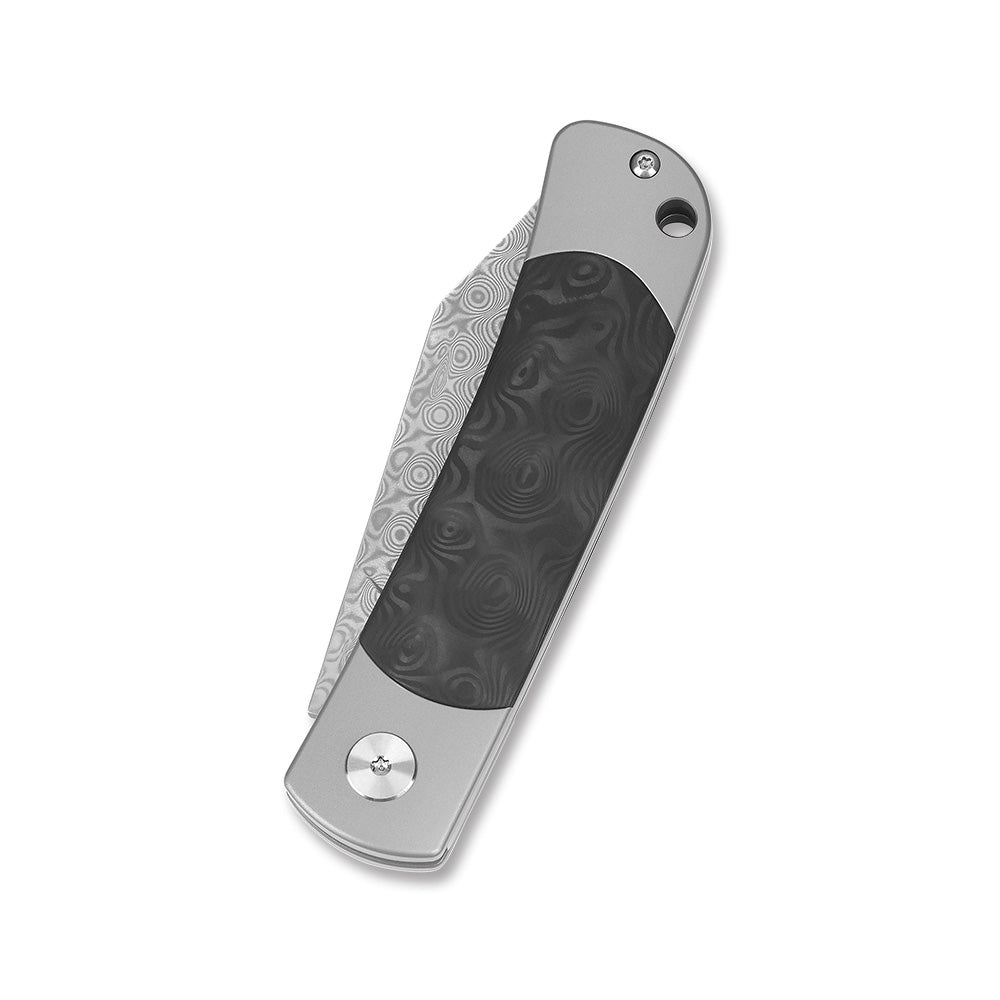 QSP Falcon slip joint pocket knife with Damascus blade and marbled CF handle