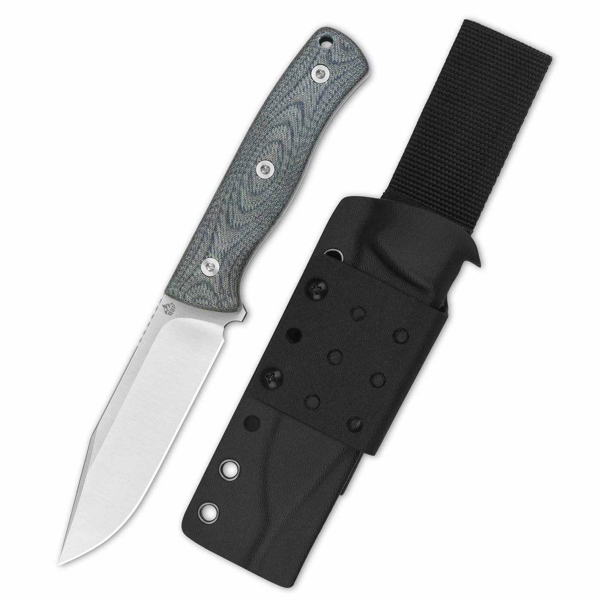 QSP Bison V2 fixed blade knife with D2 blade and Kydex sheath, featuring Micarta handle.