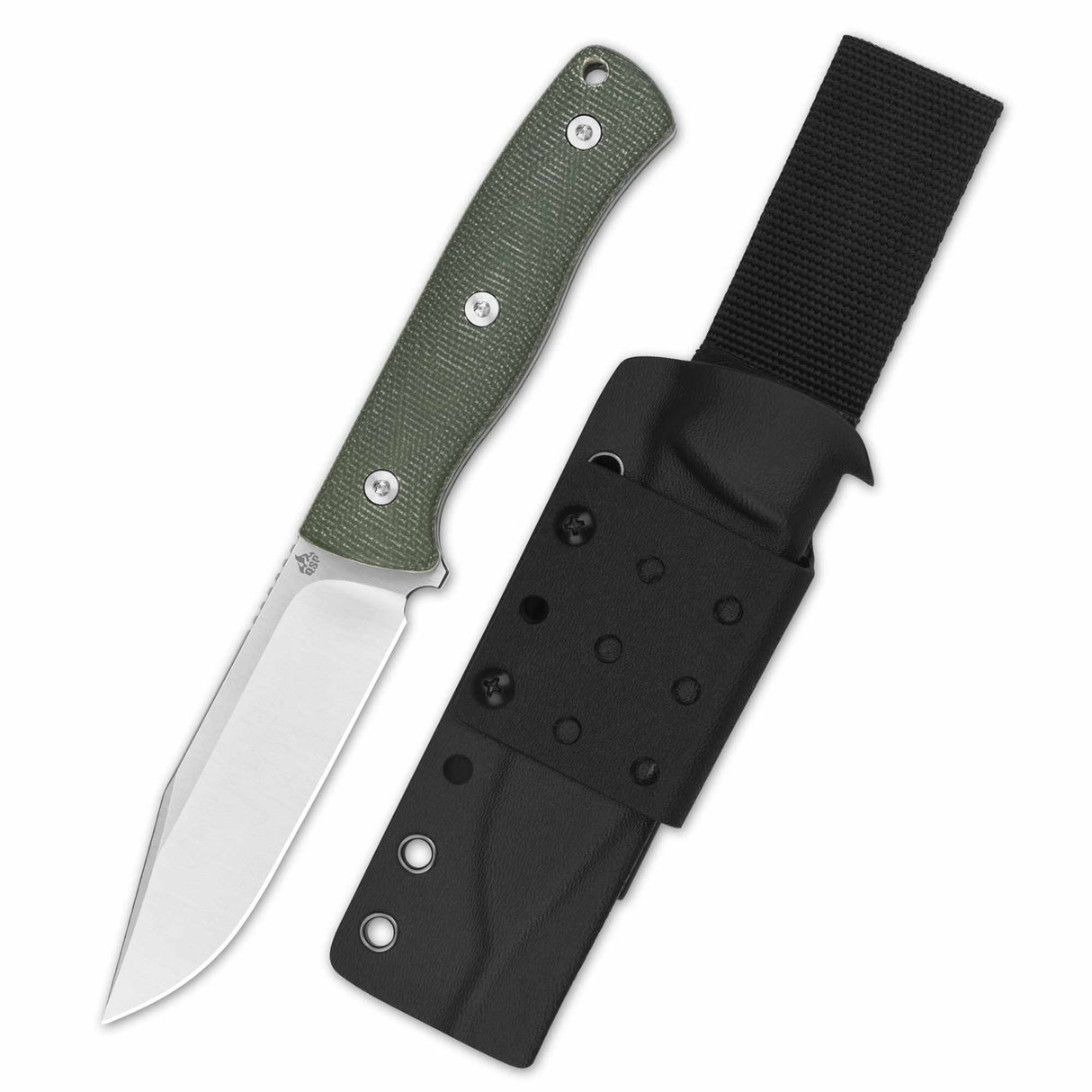 QSP Bison V2 fixed blade with green Micarta handle and Kydex sheath.