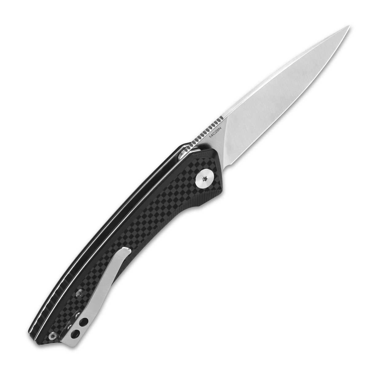 QSP Leopard pocket knife with 14C28N blade and ergonomic G10 carbon fiber handle.