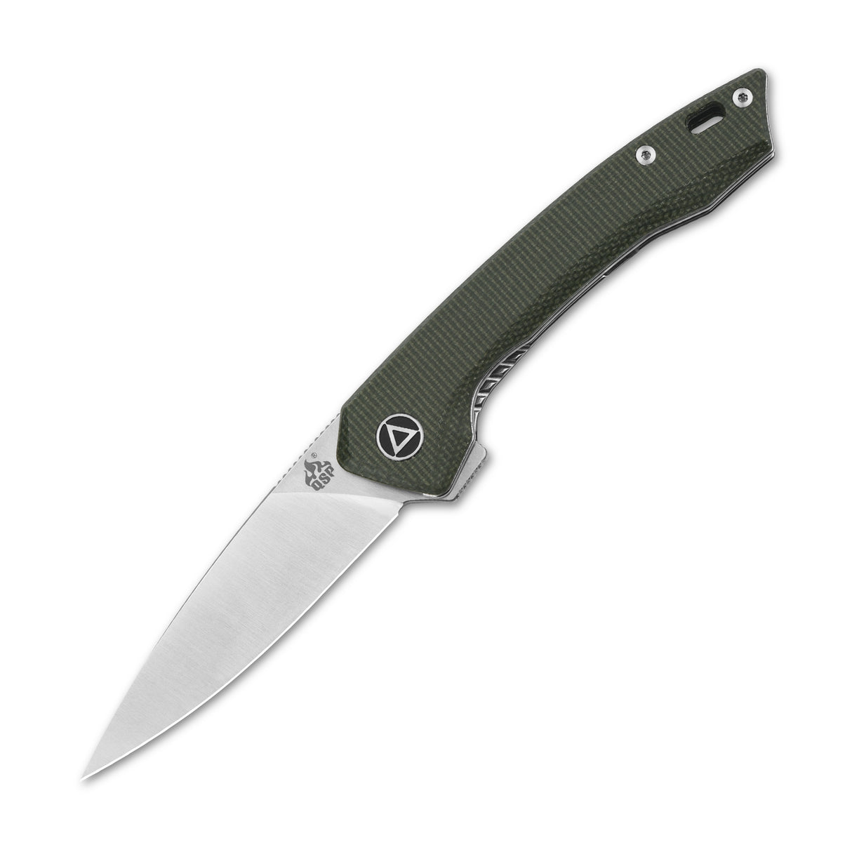 QSP Leopard pocket knife with green Micarta handle and clip point 14C28N blade.