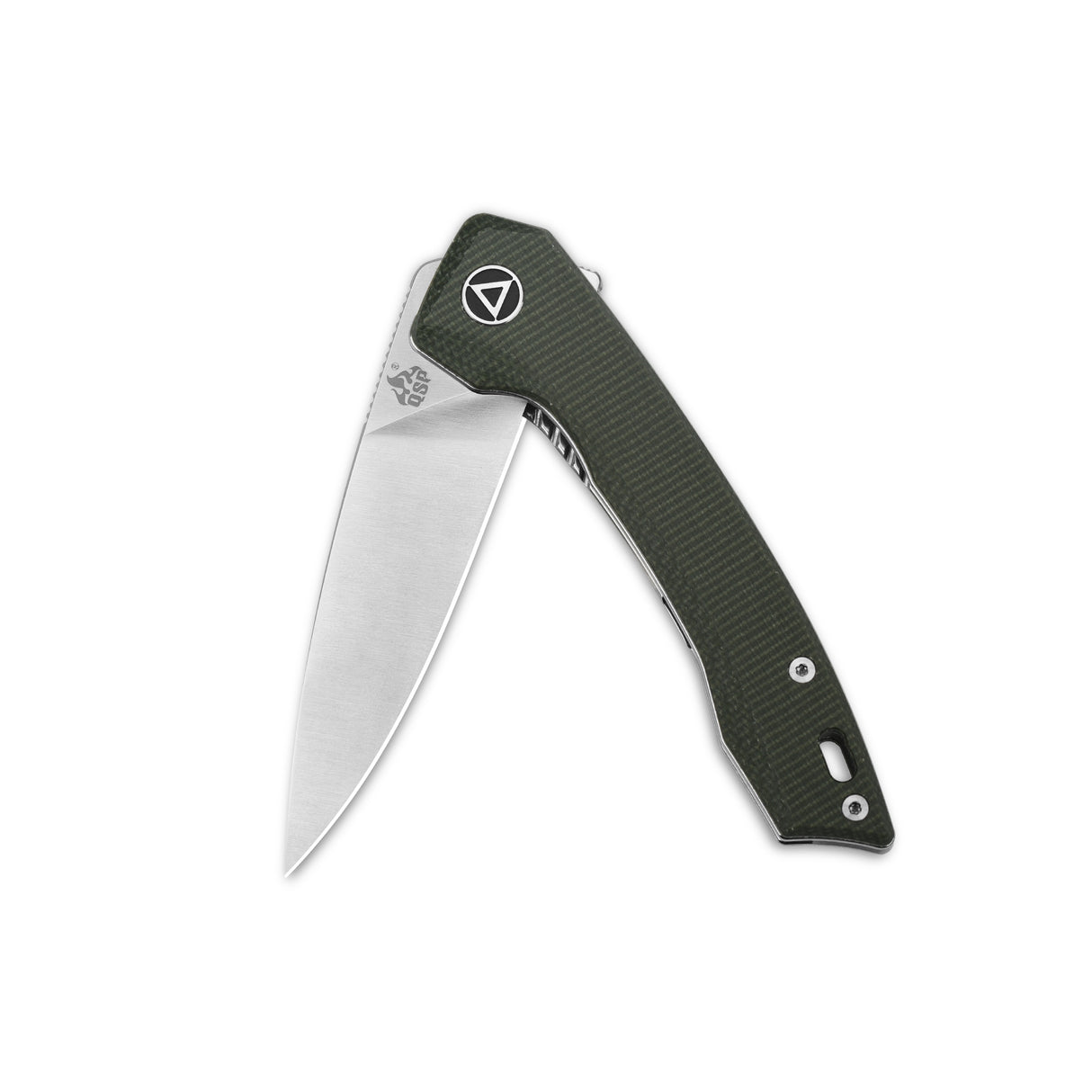 QSP Leopard Pocket Knife with durable green Micarta handle and clip point 14C28N blade.