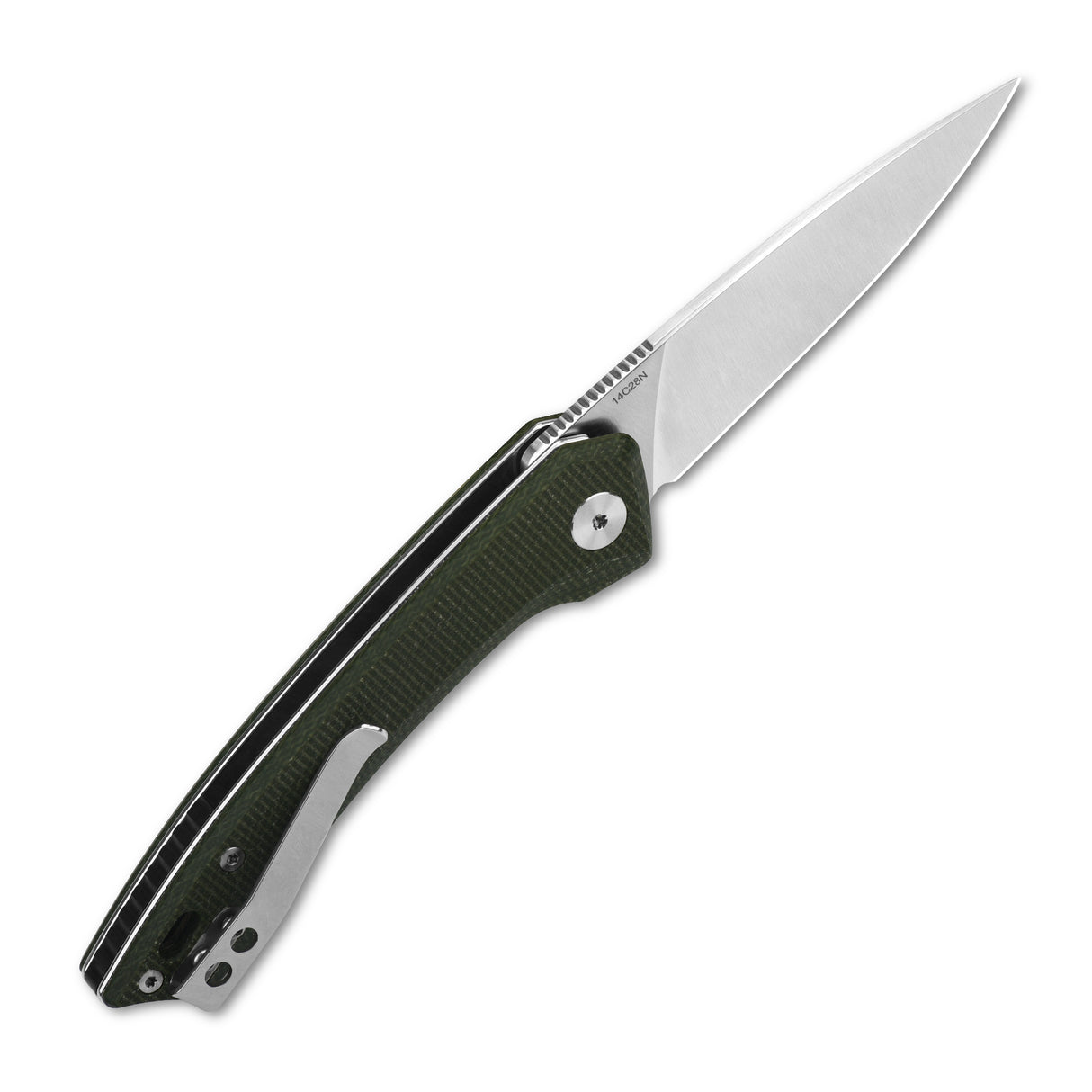 QSP Leopard pocket knife with green Micarta handle and clip point 14C28N blade.